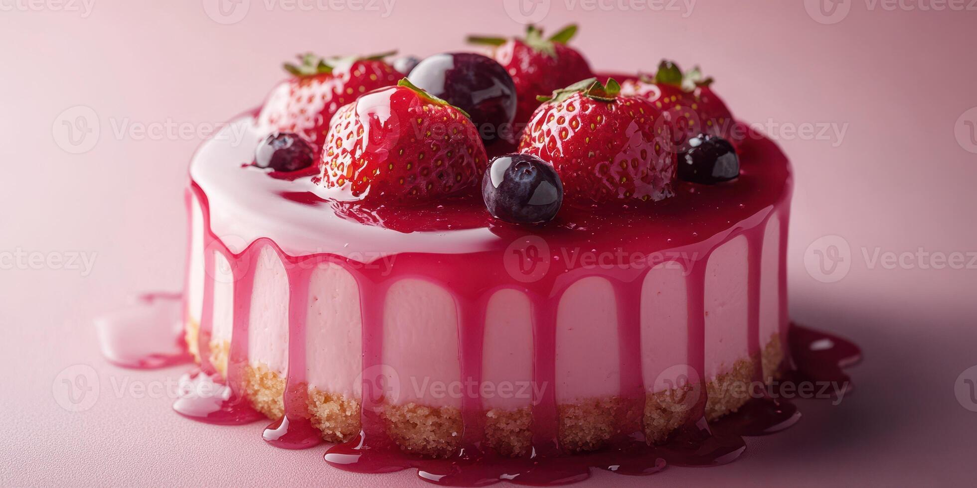 Delicious cheesecake topped with fresh strawberries and blueberries on a pink background photo