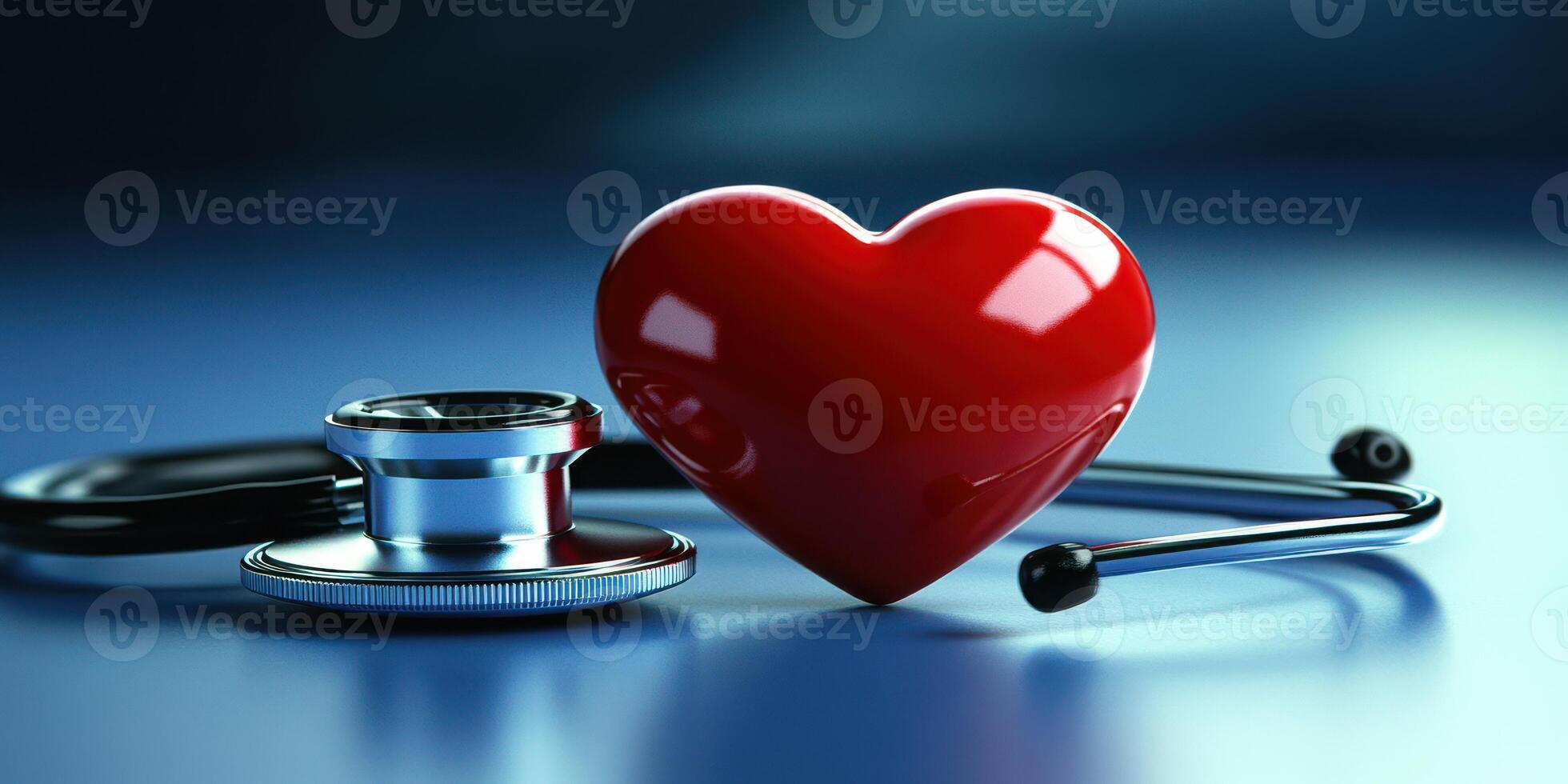 Heart symbol next to a stethoscope representing health and wellness in a medical setting photo
