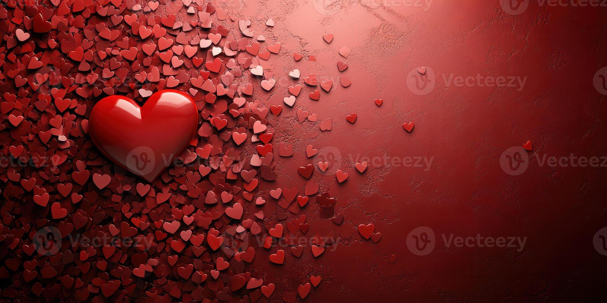 Heart and small red hearts scattered on a textured surface provide a romantic backdrop for various occasions photo