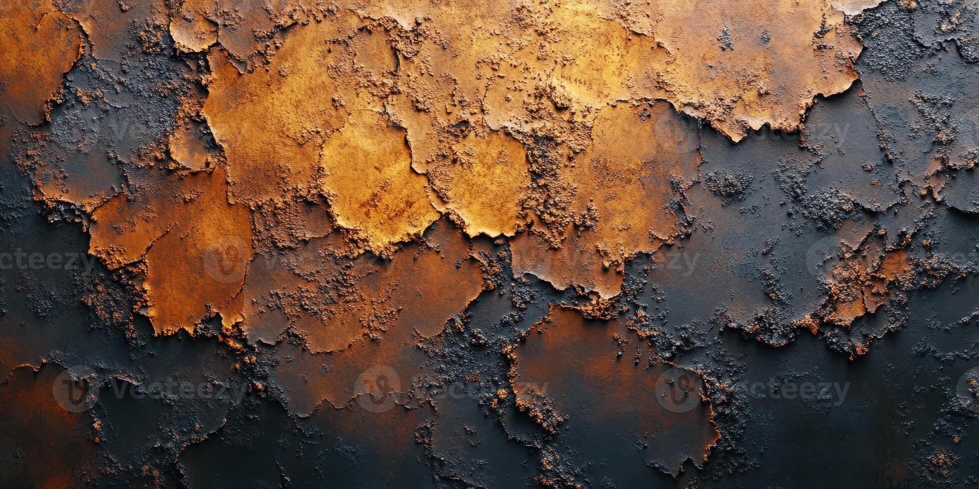 Textured surface of weathered metal with peeling layers displaying a blend of rusty orange and dark tones photo