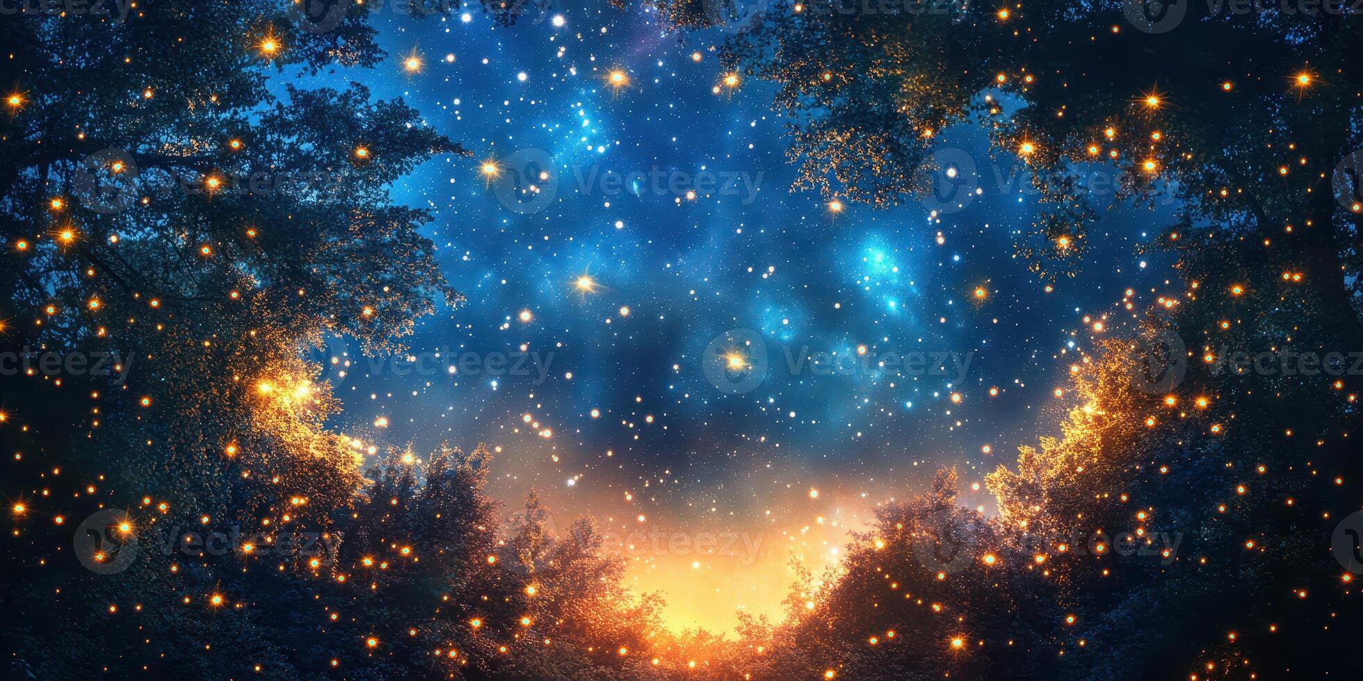 Starlit forest at twilight with glowing lights and a magical atmosphere photo
