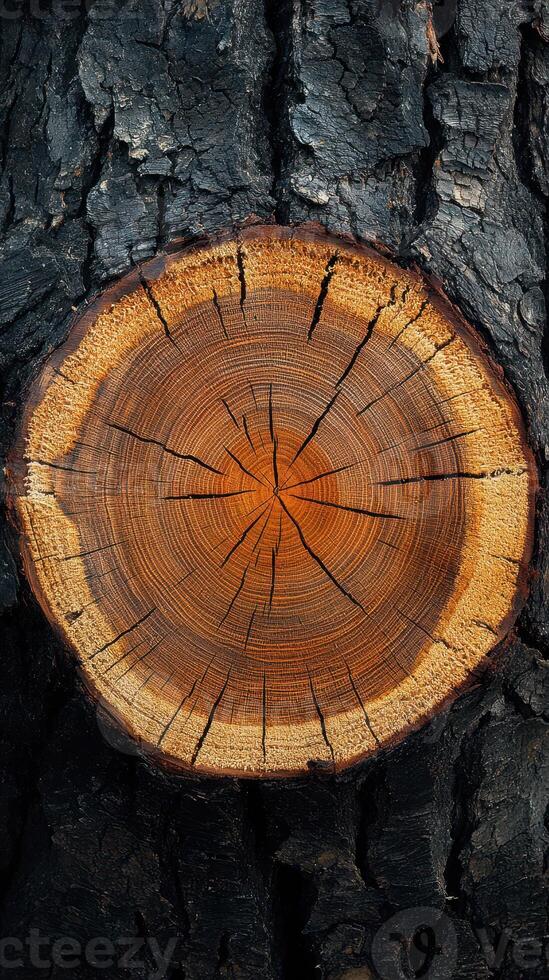 Tree stump with intricate grain patterns showcasing nature's beauty and the passage of time in a forest setting photo