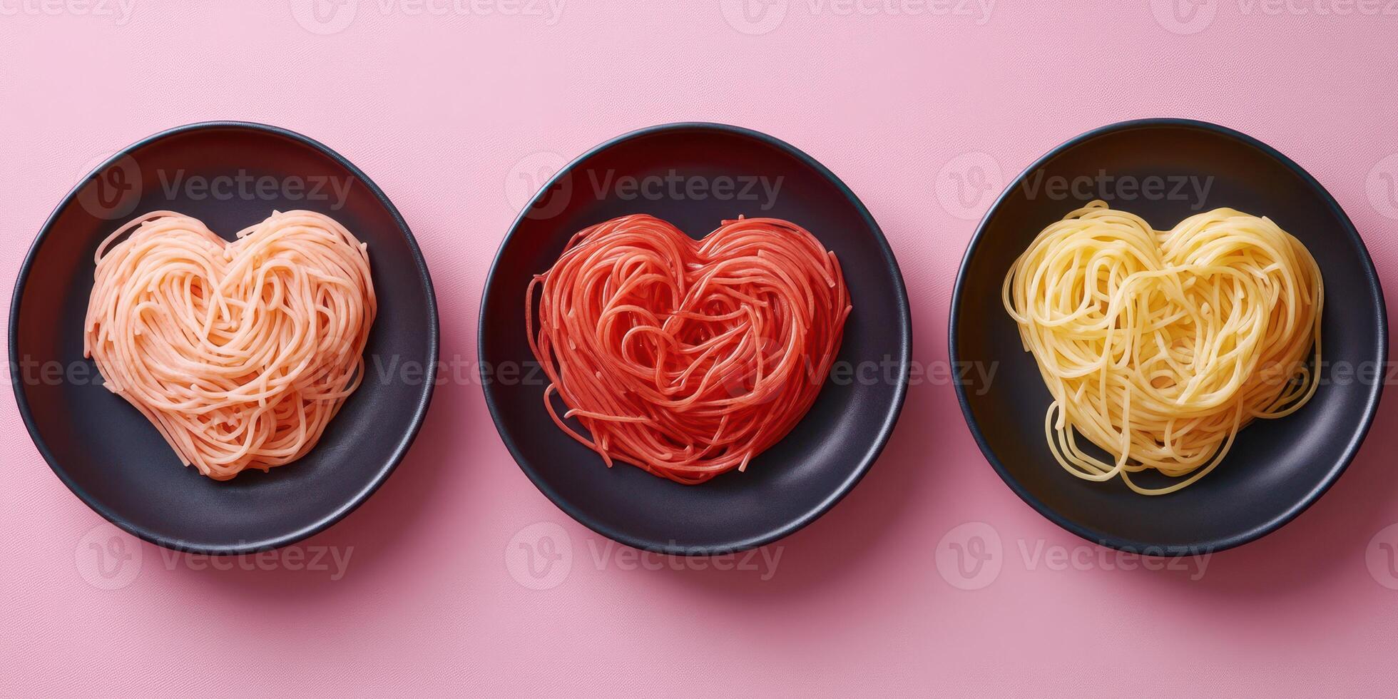 Unique heart-shaped pasta served in colorful plates for a charming dining experience photo