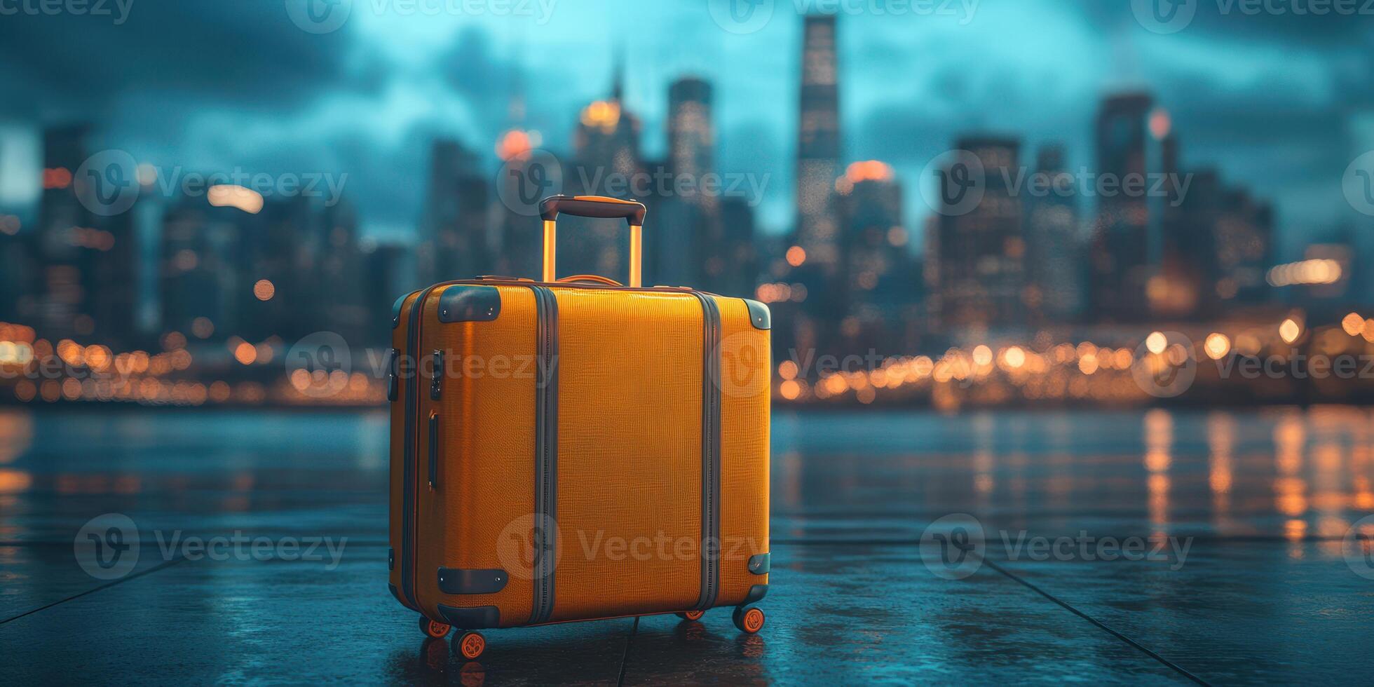 Bright yellow suitcase stands alone at twilight with city skyline in background photo
