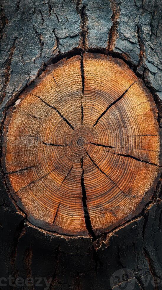 Detailed view of a cross section of a tree trunk showing growth rings and texture in natural lighting photo