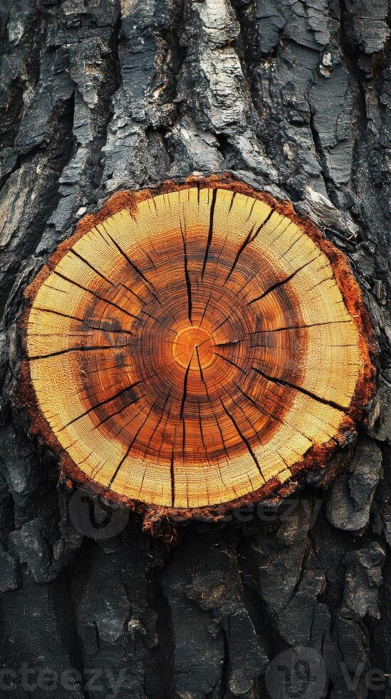 Wooden tree stump showing intricate growth rings and textures, highlighting the rich colors of nature's design photo