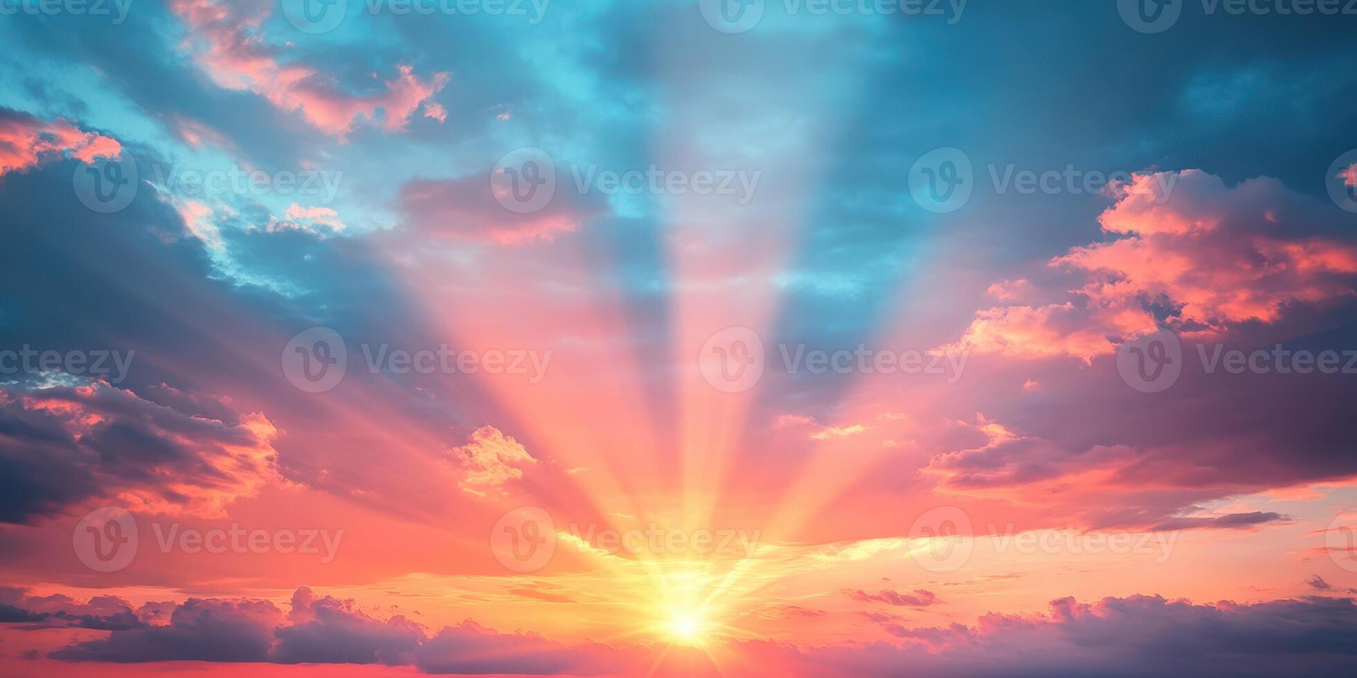 Beautiful sunrise over a tranquil horizon with colorful clouds dispersing light in the early morning photo