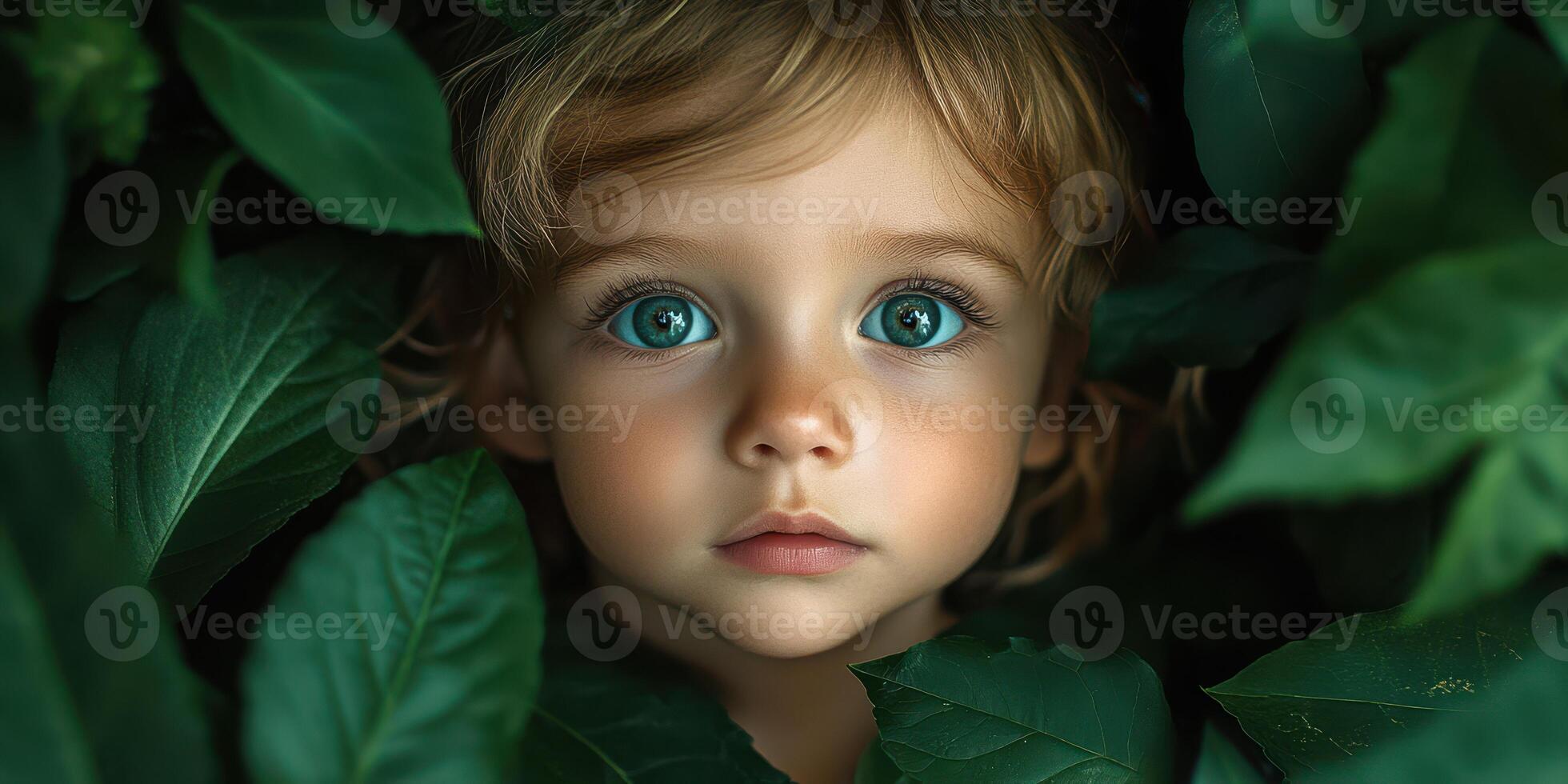 Child gazing curiously from a nest of lush green leaves in a vibrant natural setting on a sunny day photo