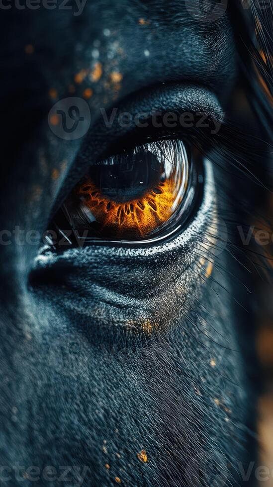 Close-up view of a horse's eye revealing intricate patterns and vibrant colors in natural light photo