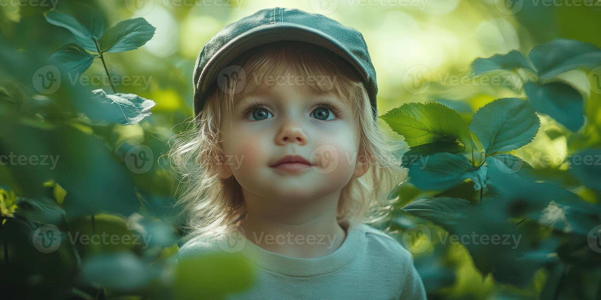 Child explores vibrant greenery with curiosity during sunny afternoon in a garden setting photo