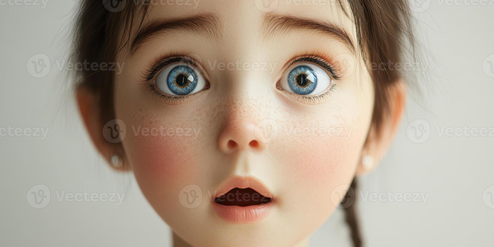 Realistic digital portrait of a surprised young girl with big blue eyes and a neutral expression in a minimalist setting photo
