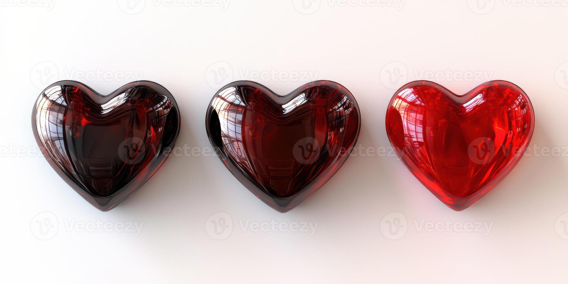 Heart-shaped decorative items display various shades of red and black in an elegant arrangement on a light surface photo