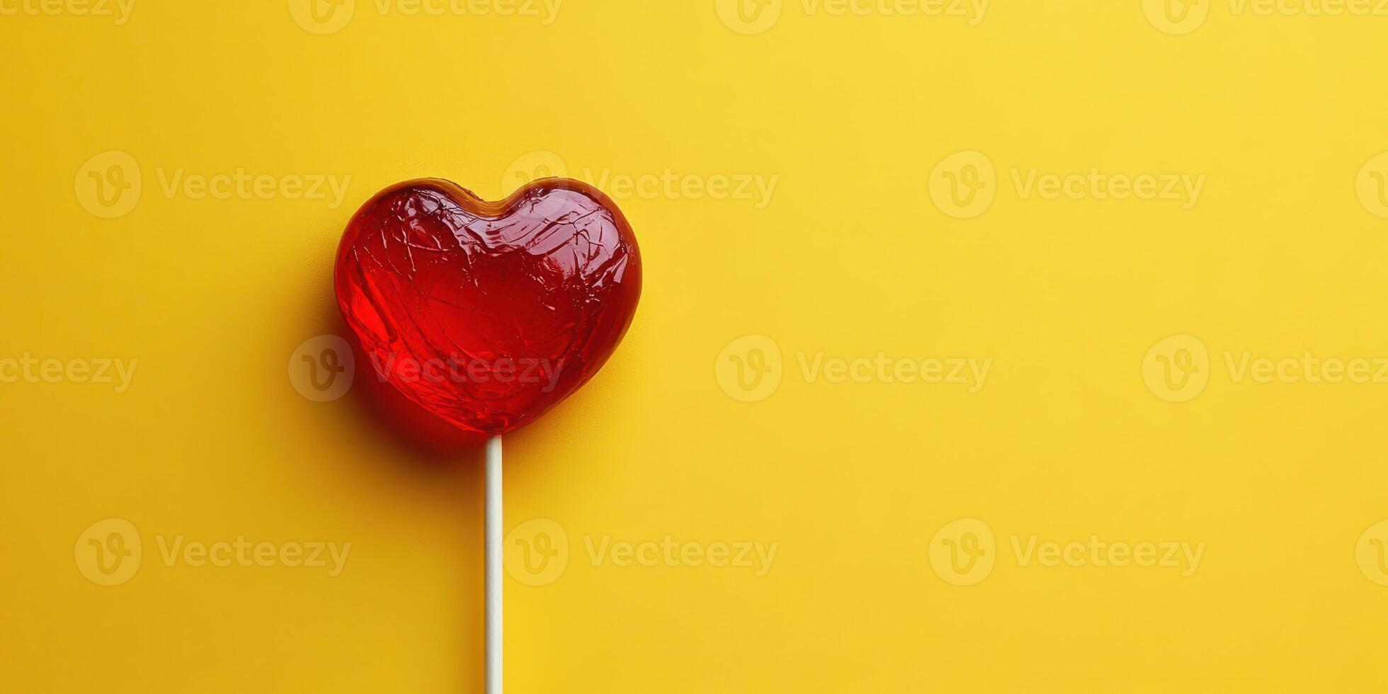 Heart-shaped lollipop on vibrant yellow background with minimalist design and bright colors photo