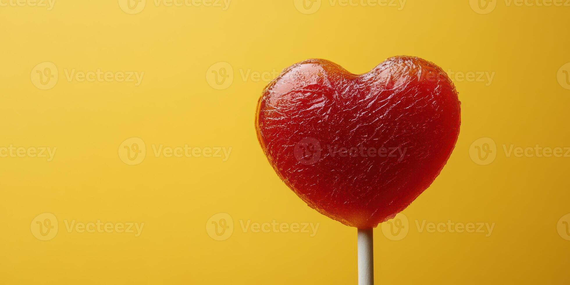 Red heart-shaped lollipop stands against a vibrant yellow background in a cheerful display of sweetness photo