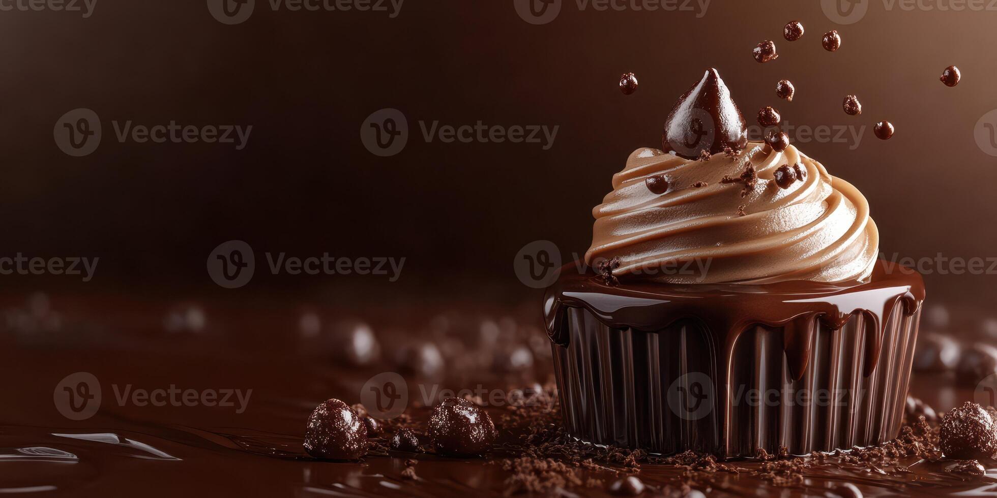 Indulgent chocolate cupcake with creamy frosting surrounded by chocolate drizzle and cocoa crumbs at a dessert showcase photo