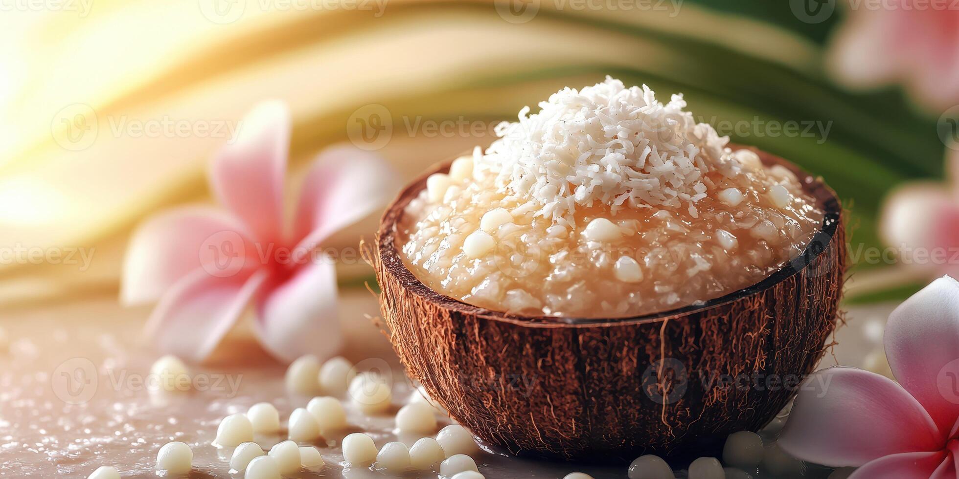 Delicious dessert served in a coconut shell with coconut flakes and tropical flowers in a tranquil setting photo