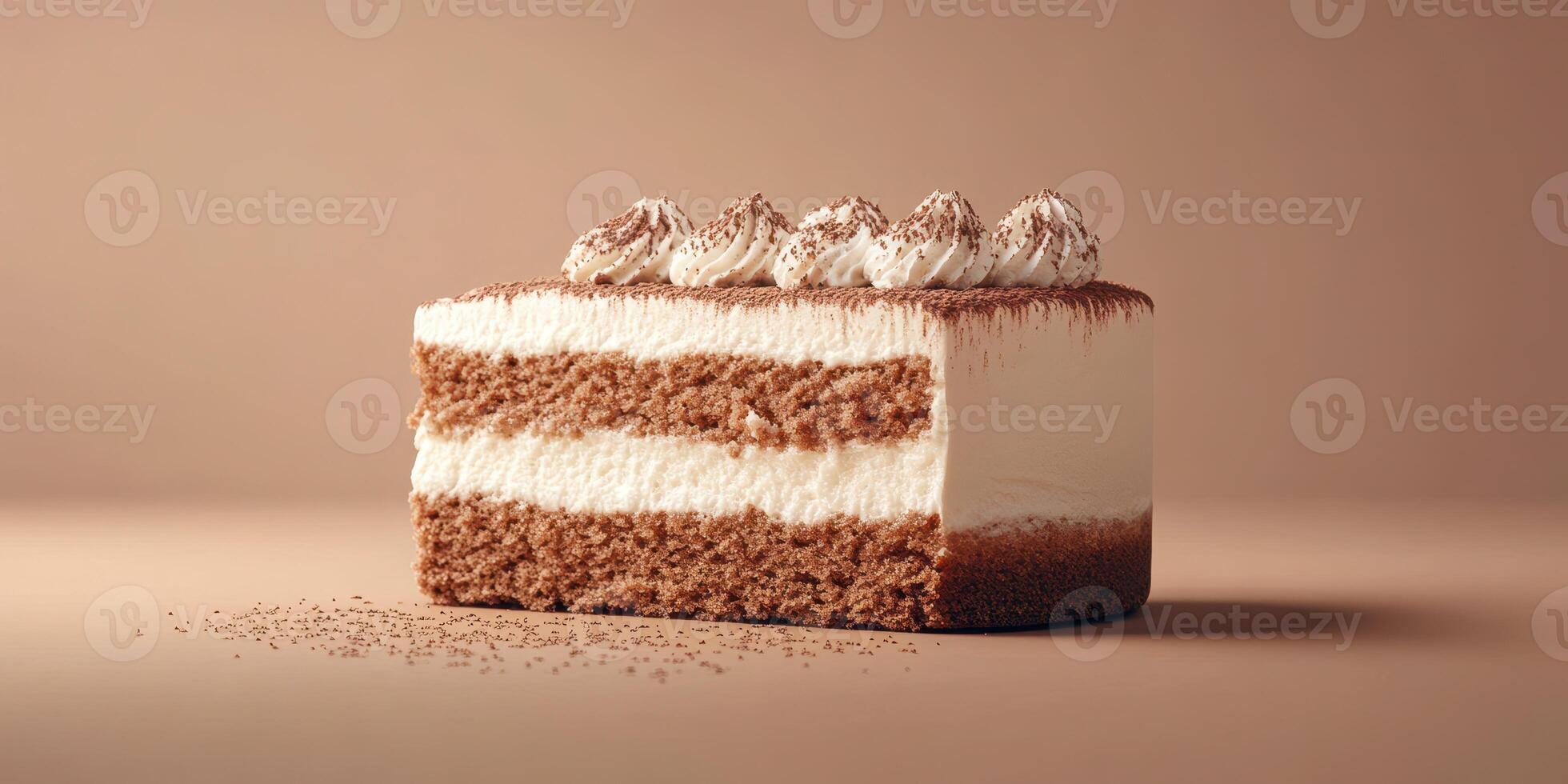 Delicious chocolate mousse cake with layers of cream and cocoa on a neutral background photo