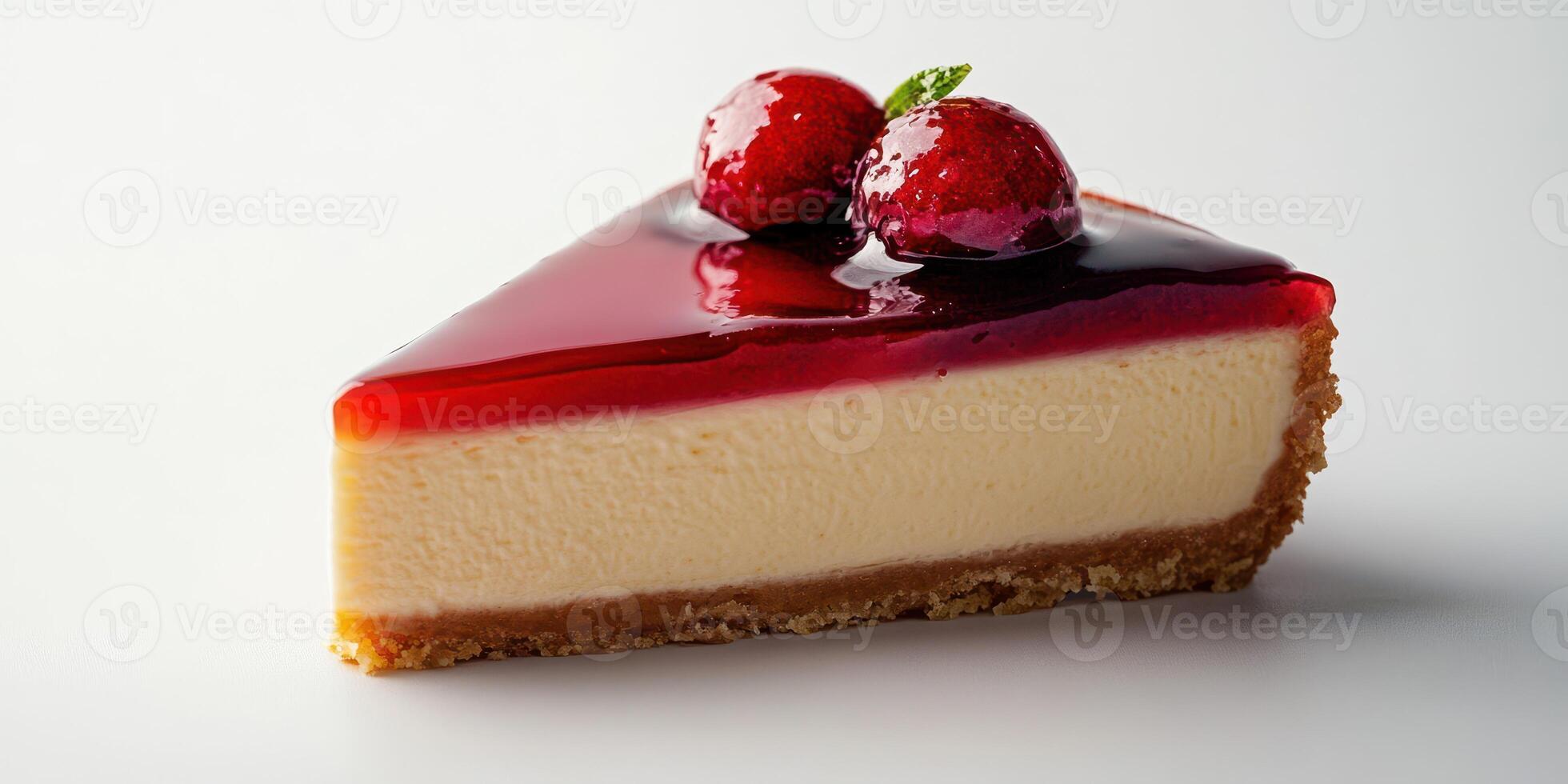 Delicious slice of cheesecake topped with fresh strawberries and glossy red glaze on a plain background photo
