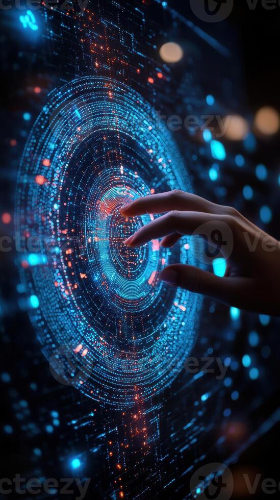Interaction with a digital holographic interface showcasing complex data visualizations and futuristic technology photo