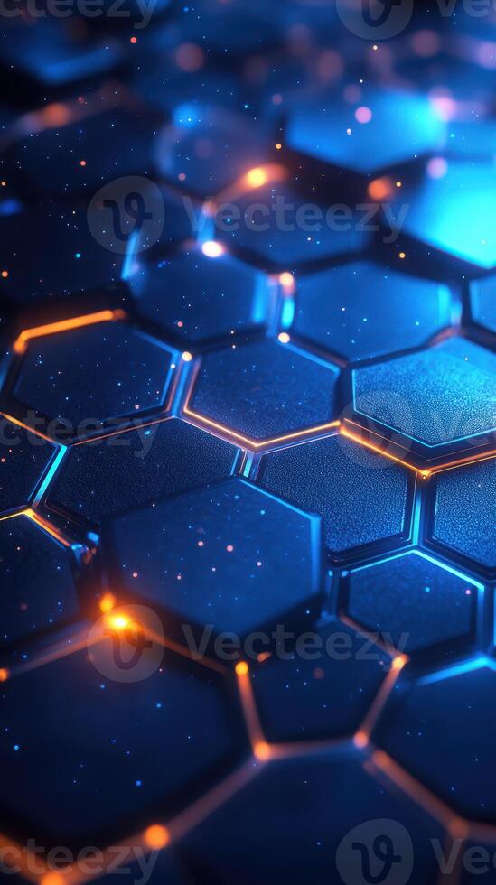 Abstract geometric pattern with glowing blue and orange hexagons in a futuristic design photo