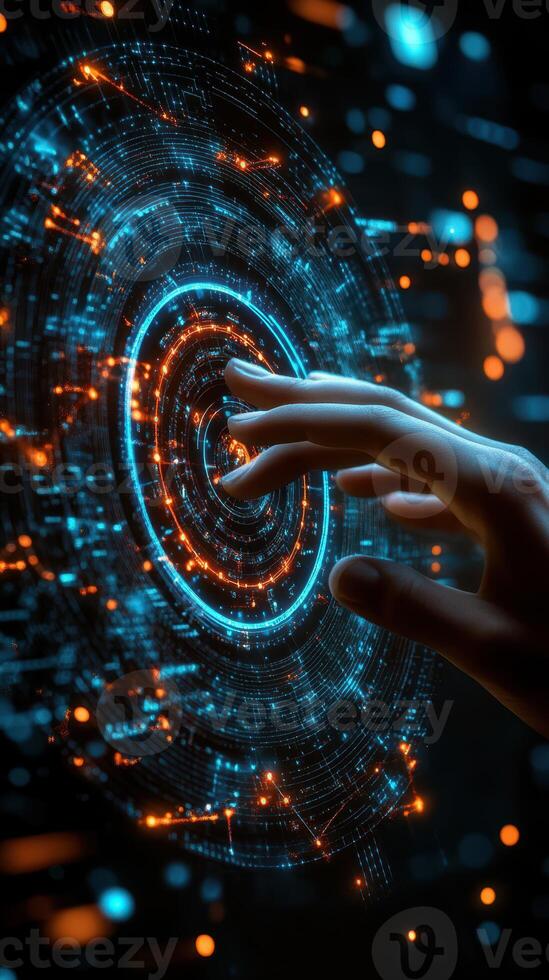 Advanced technology interface depicts a hand interacting with glowing patterns at night photo