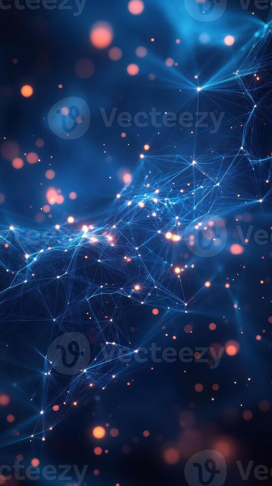 Exploring the intricate network of glowing particles and lines set against a deep blue background that evokes a sense of digital connectivity photo