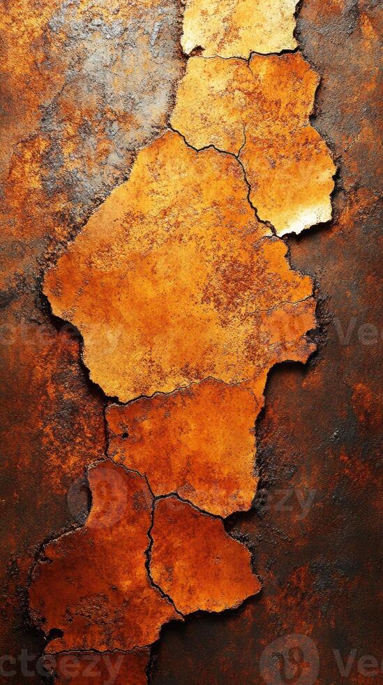 Abstract textured surface with cracks and rust in warm tones displayed on a metallic backdrop photo