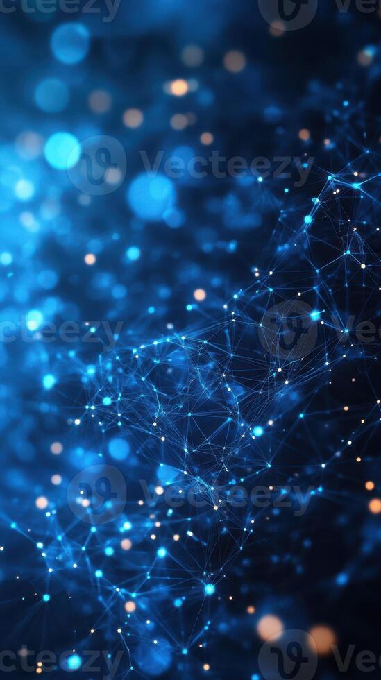 Abstract representation of glowing blue and orange particles interconnected in a digital network structure photo