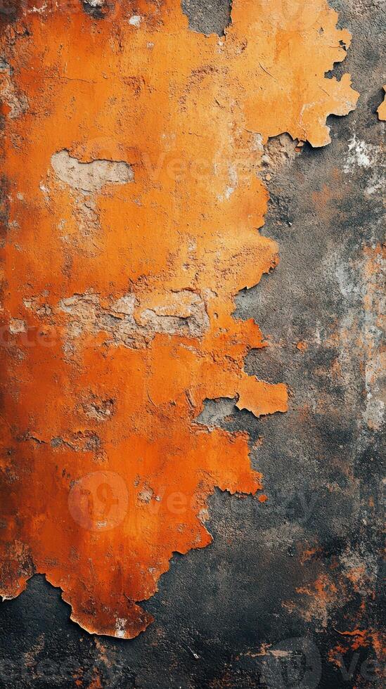 Textured wall with peeling paint in shades of orange and black revealing layers of age and decay photo
