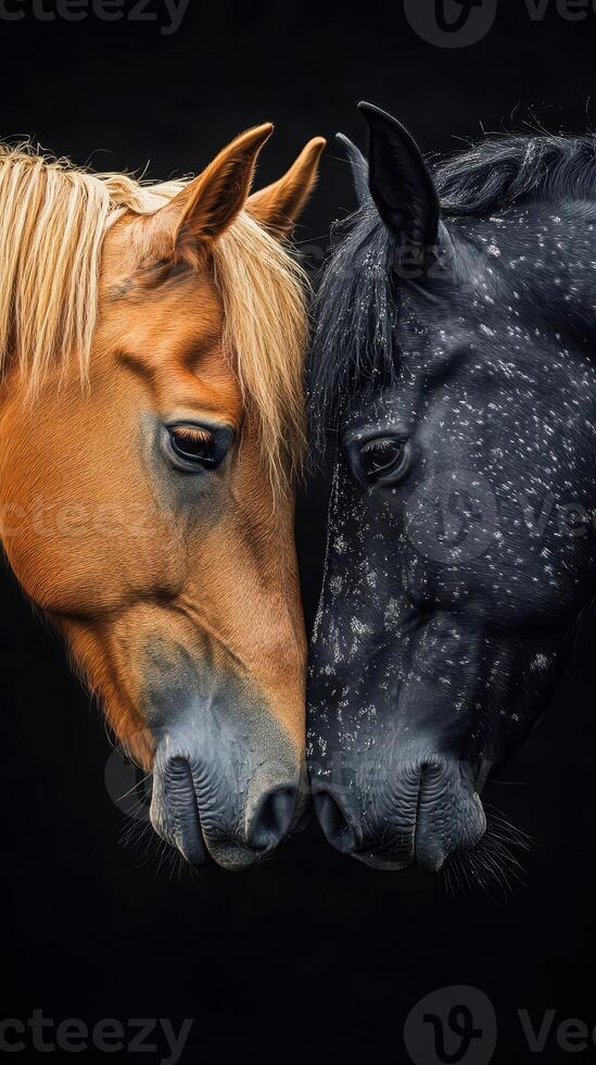 Close encounter of two horses showcasing their unique coats in a vivid display of contrast against a dark background photo