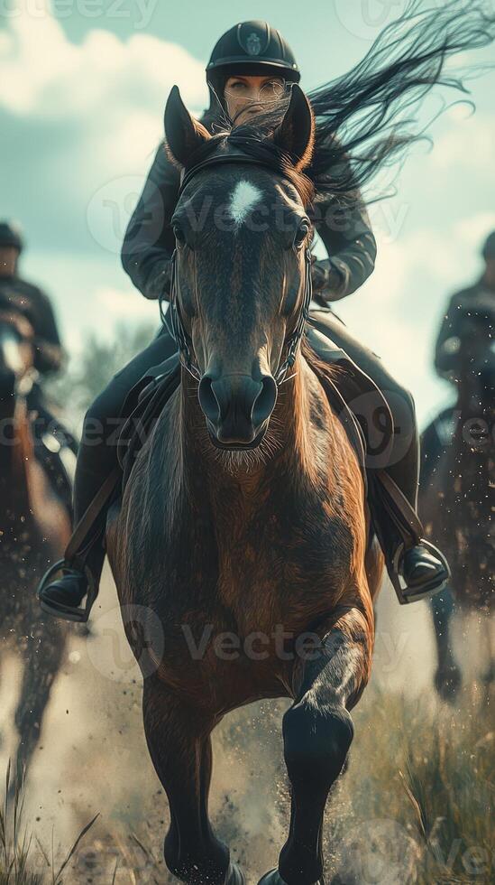 Riders on horseback participate in a thrilling endurance training in a lush field under the cloudy sky photo