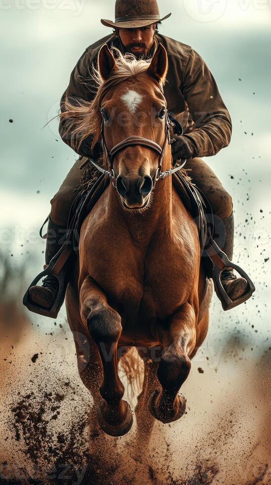 Rider in action on a galloping horse during an outdoor event in the countryside photo