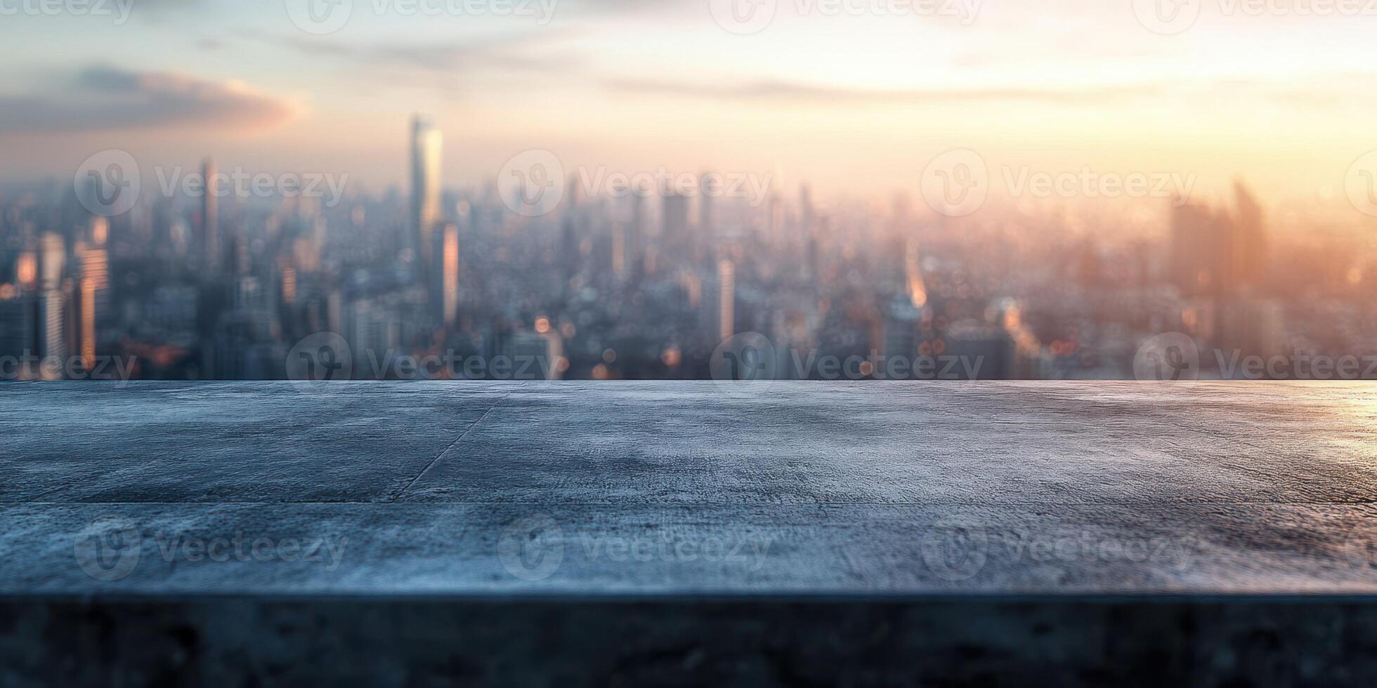 City skyline at sunset viewed from a rooftop with a concrete ledge showcasing a stunning urban panorama photo
