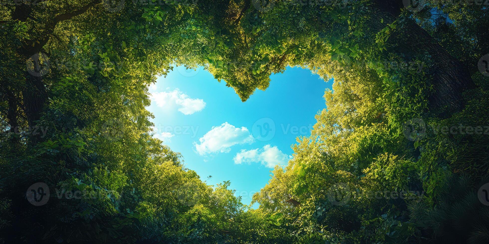 Heart-shaped canopy of leaves frames a bright blue sky over a lush forest in midday light photo