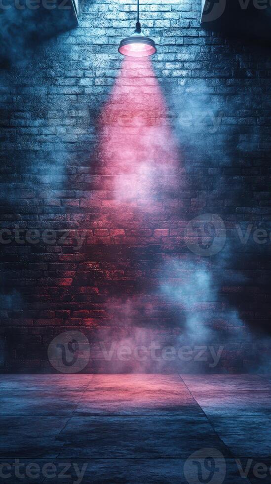 Dramatic lighting and fog create an atmospheric setting in an industrial space during nighttime photo