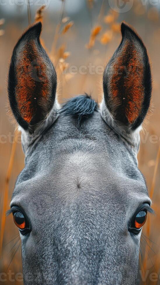 Close-up of a grey horse gazing calmly in a golden grass field during a tranquil afternoon photo