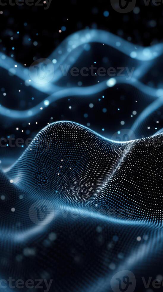 Digital waves of blue light create a mesmerizing effect in a dark environment showcasing depth and movement photo
