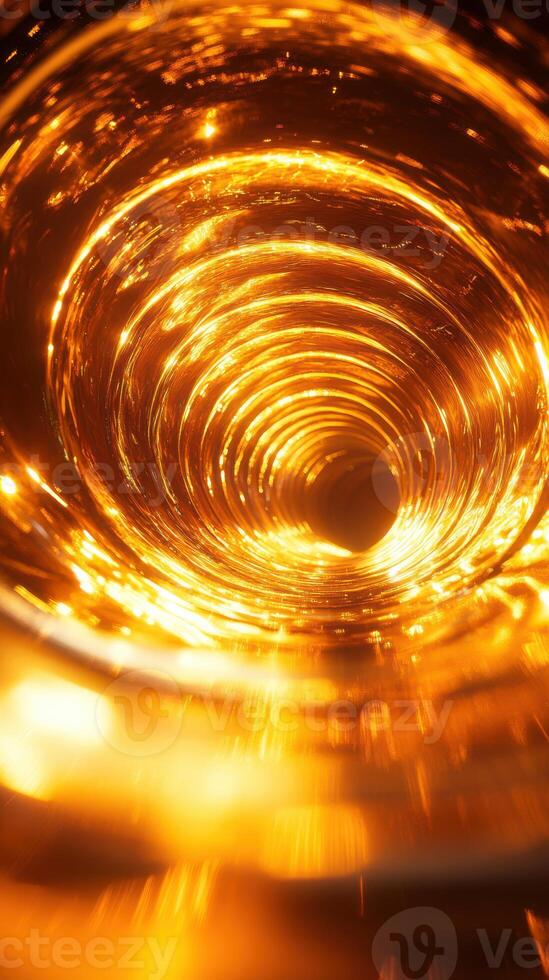 Captivating view of a swirling golden vortex showcasing mesmerizing light patterns and depth in a creative composition photo