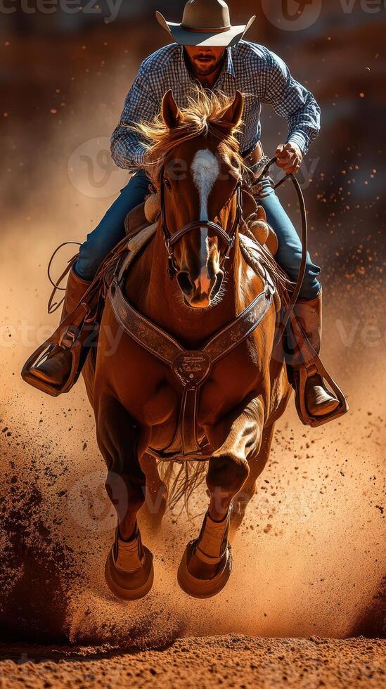 Exciting rodeo action as a cowboy rides a galloping horse through dust in an outdoor arena during a summer event photo