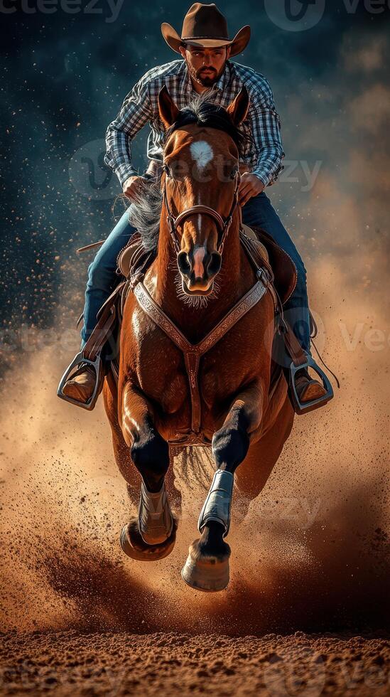 Exciting horseback riding in a cloud of dust during a thrilling outdoor event on a sunny day photo