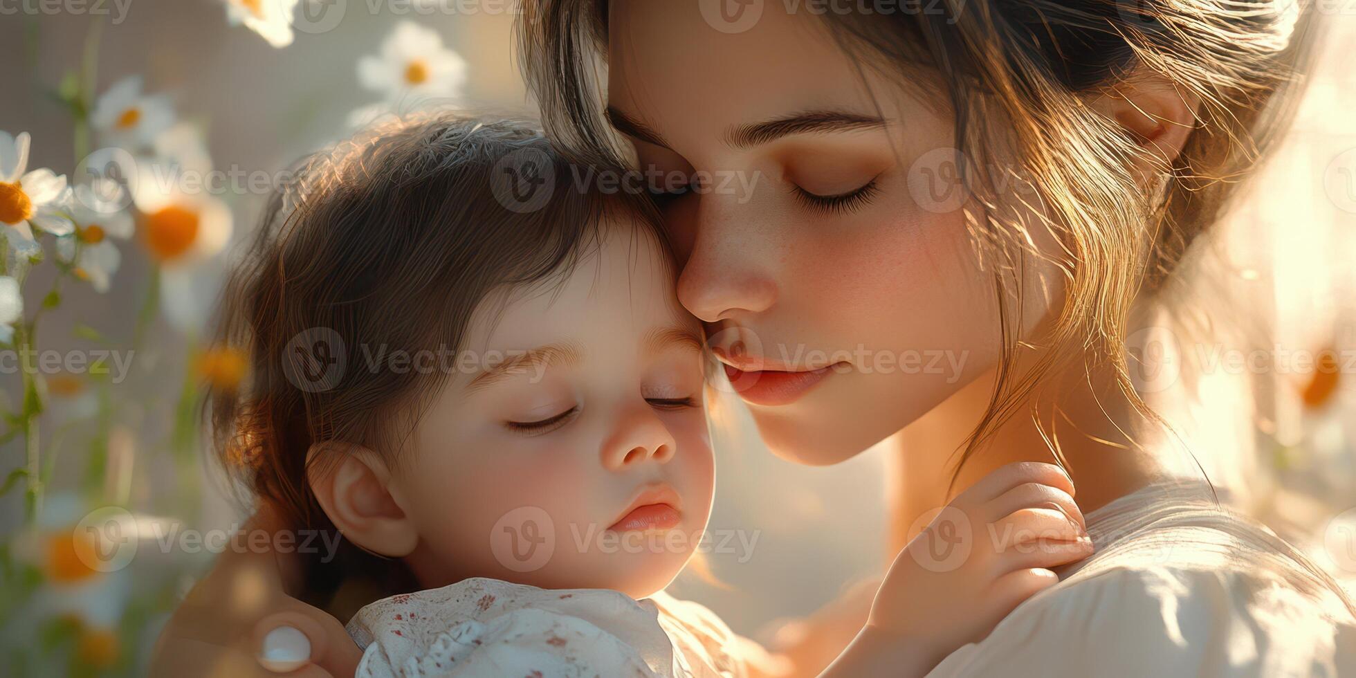 Mother gently embraces her sleeping child in a serene floral setting during golden hour photo