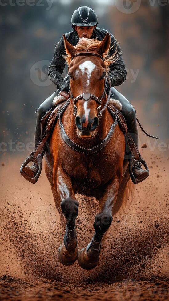 Equestrian athlete riding a galloping horse through a dirt track in autumnal landscape photo