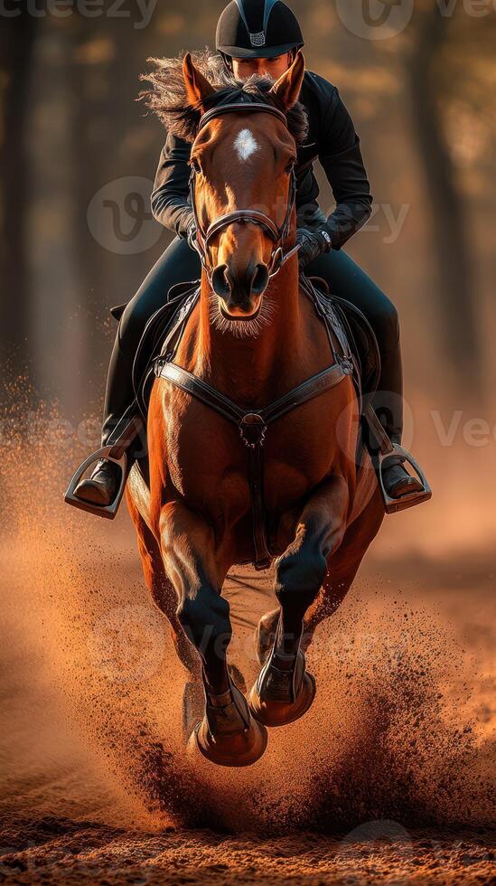 Equestrian rider demonstrates skill while galloping a chestnut horse through a sandy track at sunset photo