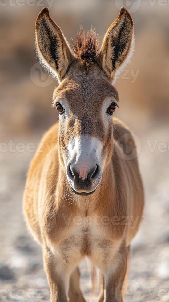 Young wild donkey stands alert in a serene landscape during golden hour sunlight photo