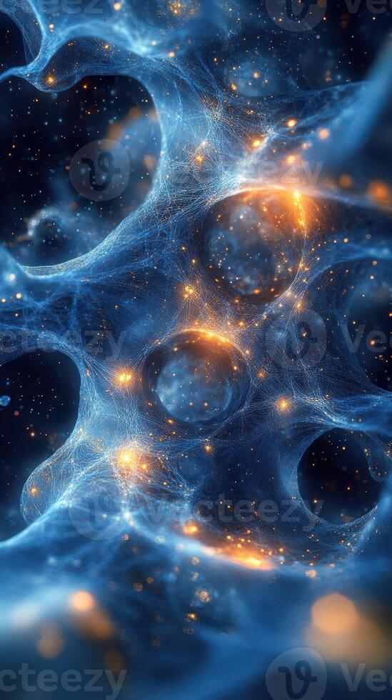 Exploring the intricate patterns of cosmic structures illuminated by bright celestial orbs in a vibrant blue universe photo