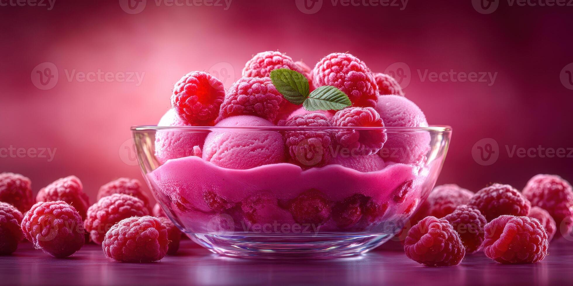 Delicious raspberry sorbet served in a glass bowl surrounded by fresh raspberries on a vibrant background photo