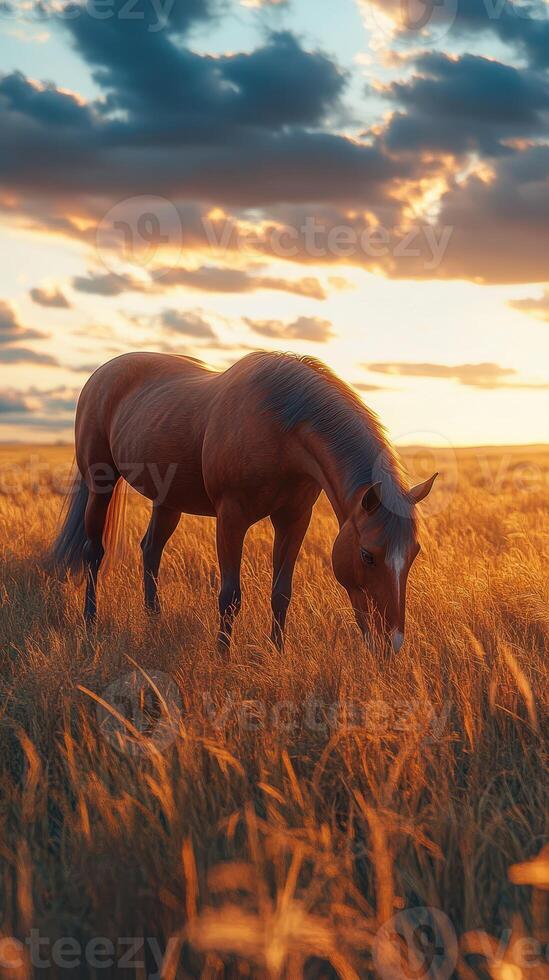 Horses grazing in a golden field during sunset with dramatic clouds overhead photo