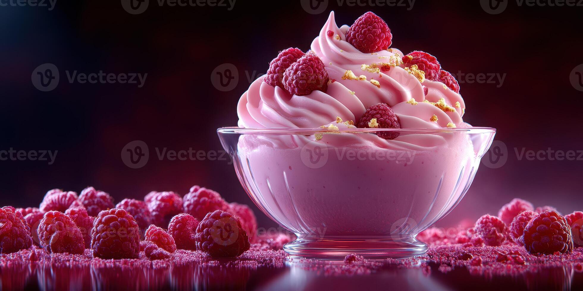 Delicious raspberry swirl dessert in a glass bowl garnished with fresh berries and vibrant toppings photo