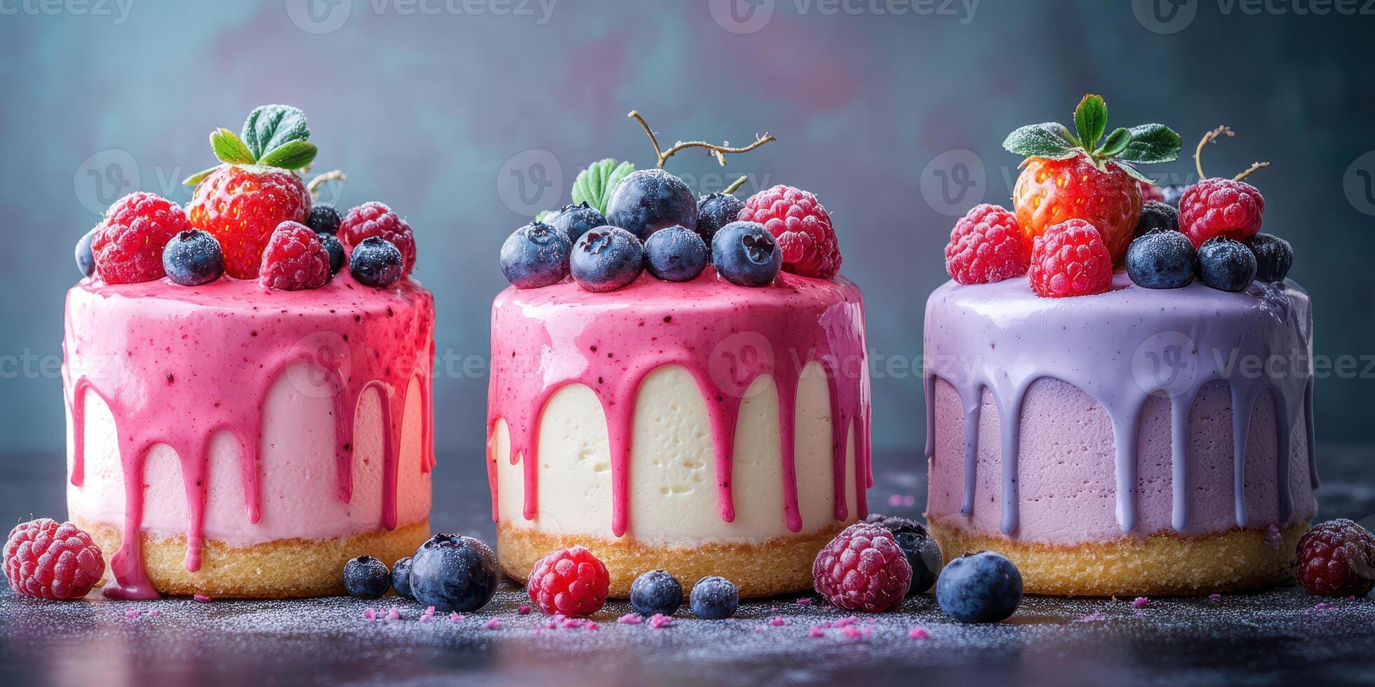 Colorful mini cakes adorned with fresh berries displayed on a dark surface in a creative dessert arrangement photo