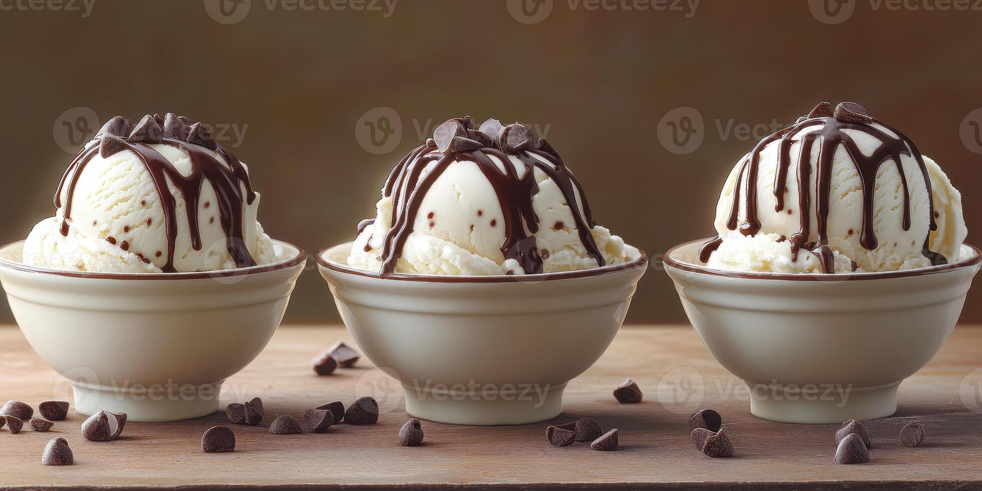 Three bowls of vanilla ice cream topped with chocolate syrup and chocolate chips on a wooden table photo